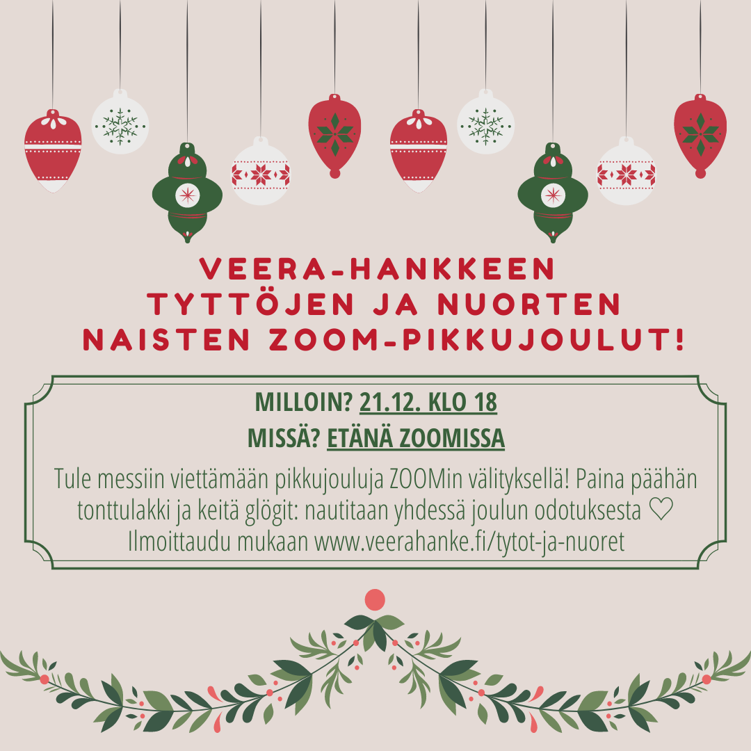 jouluinen piirroskuva pikkujouluista työille ja nuorille naisille ma 21.12.2020 klo 18.00 alkaen