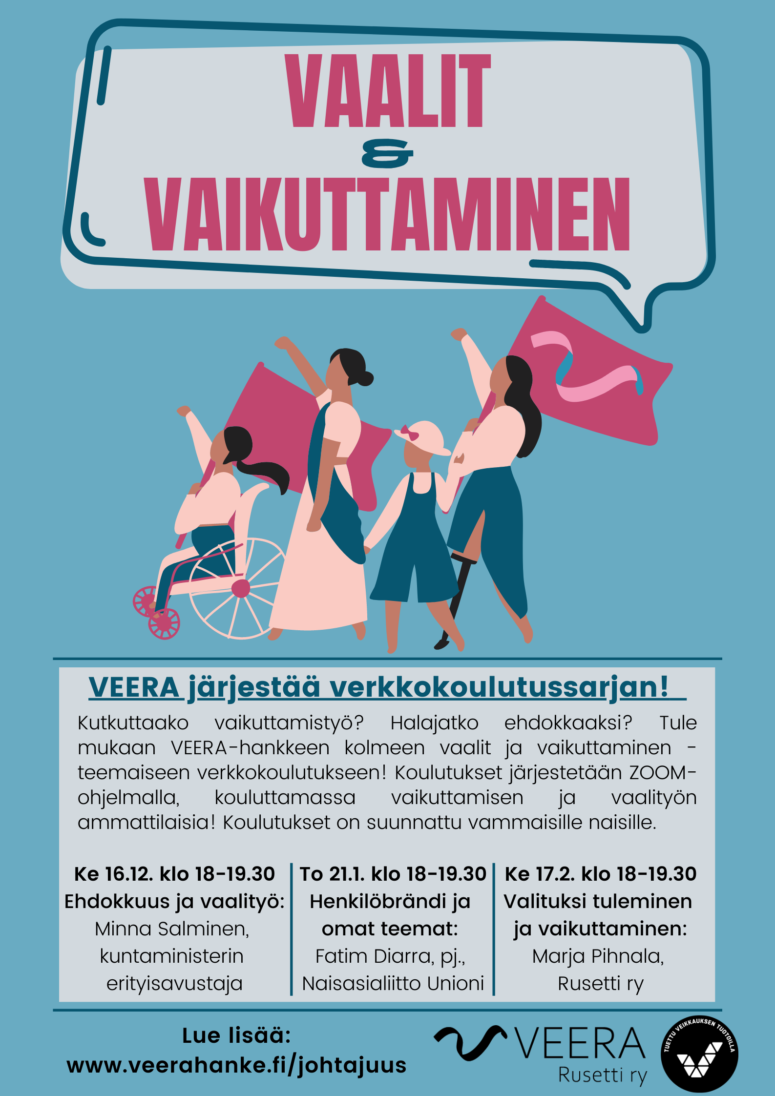 VEERA vallan kahvassa_iso_mainos verkkokoulutussarjan mainos, piirros jossa erilaisia vammaisia naisia marssi lippu kädessä.
