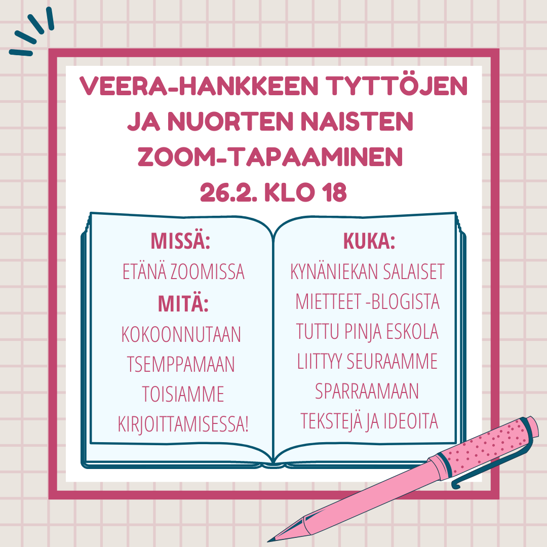 Piiros mainos tyttöjen ja nuorten zoom-illasta, jossa avoin vihko ja pinkki kynä