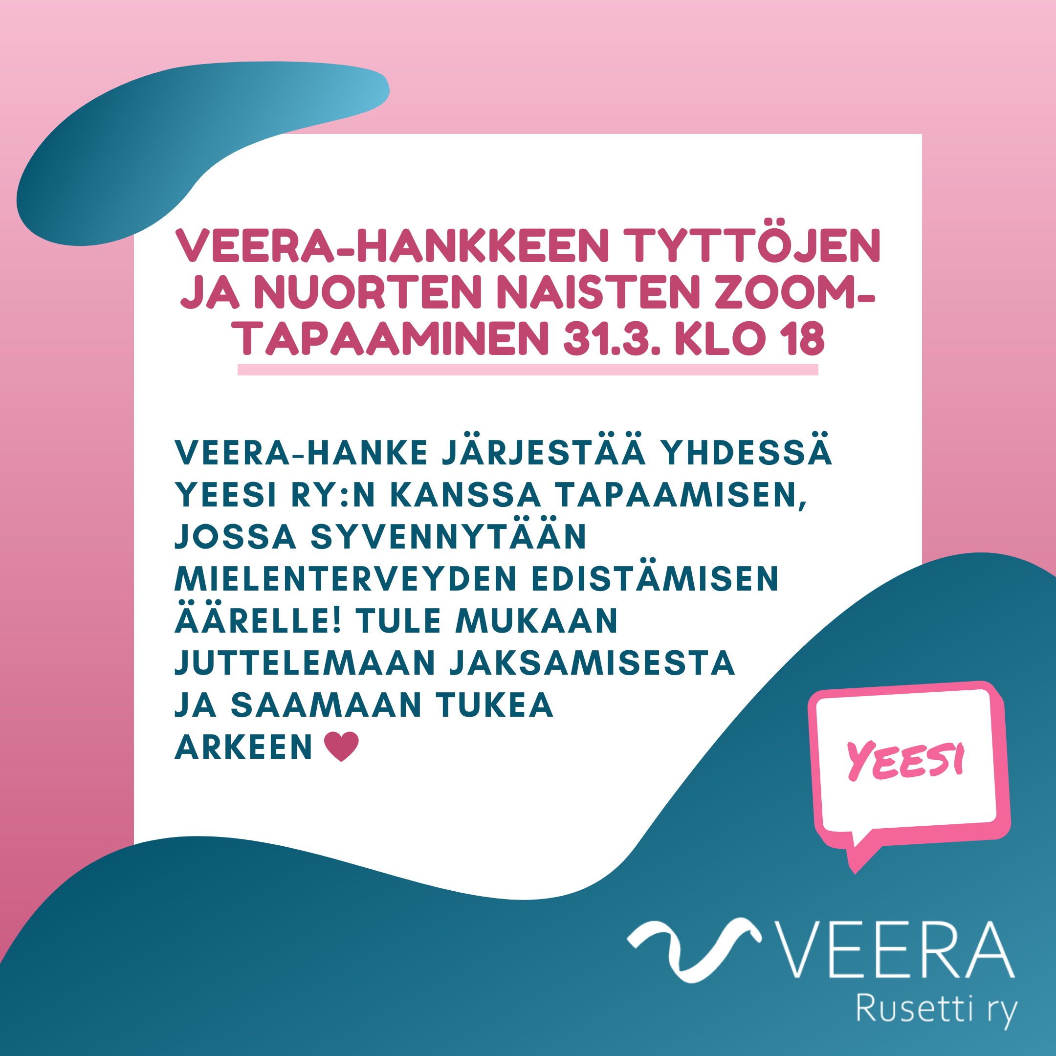 Piiros mainos tyttöjen ja nuorten zoom-illasta, jossa avoin vihko ja pinkki kynä