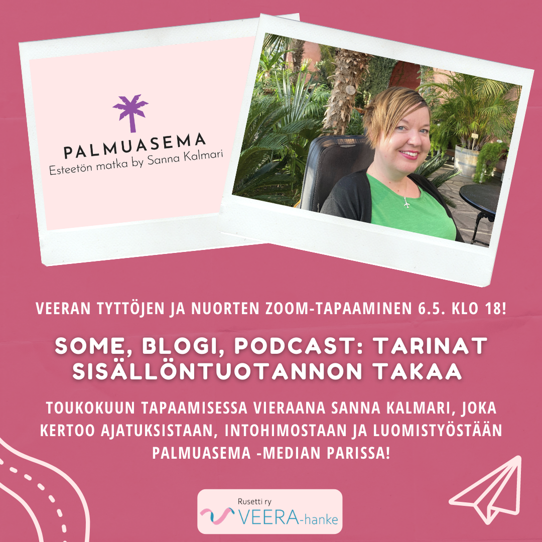 Roosan värinen kuvituskuva toukokuun zoomista. Kuvassa valokuva Sanna Kalmarista ja Palmuaseman logo lilalla palmulla.