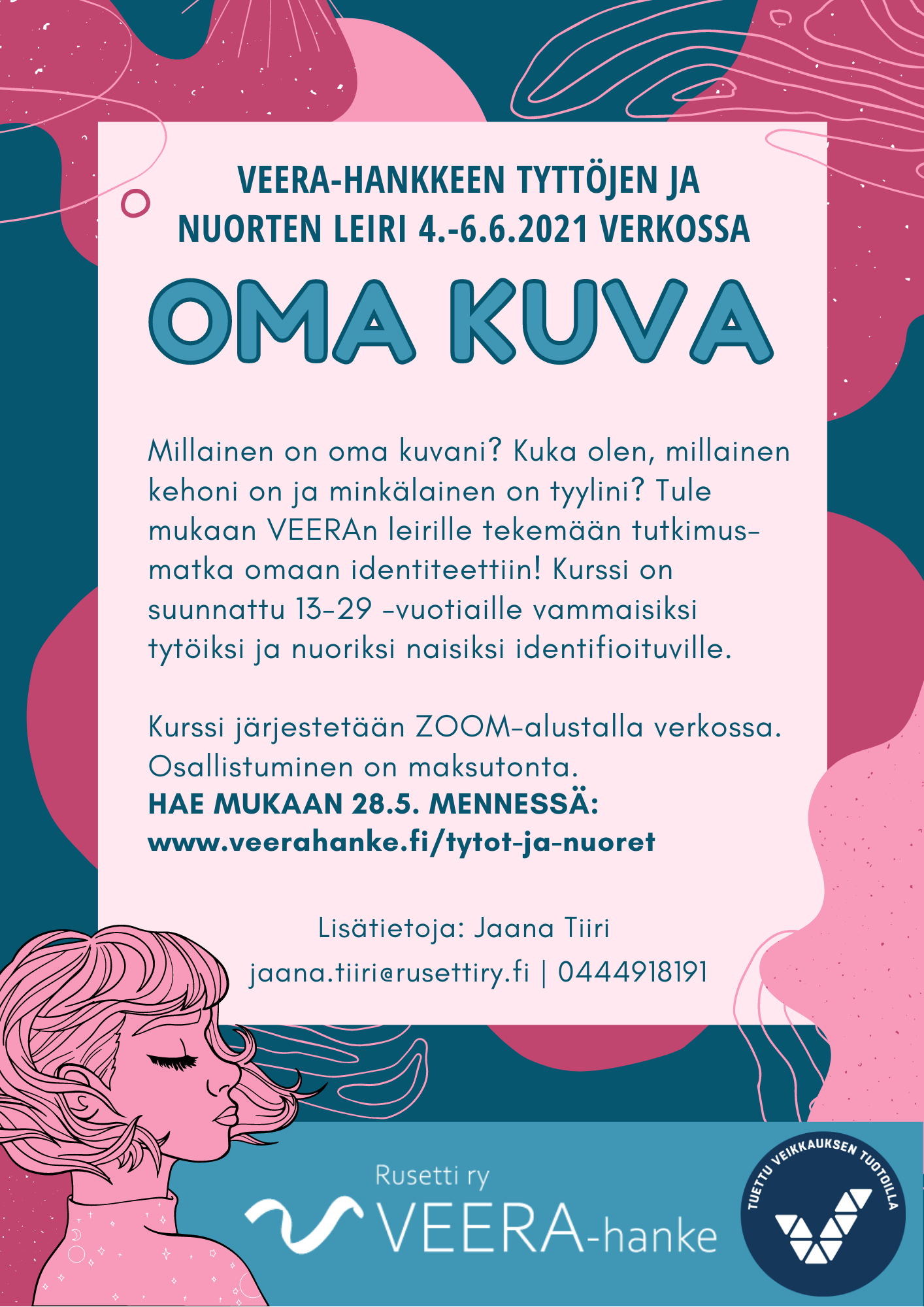 OMA KUVA -leirin mainos, piirretty kuvituskuva, pinkkejä ja turkooseja kuvioita.