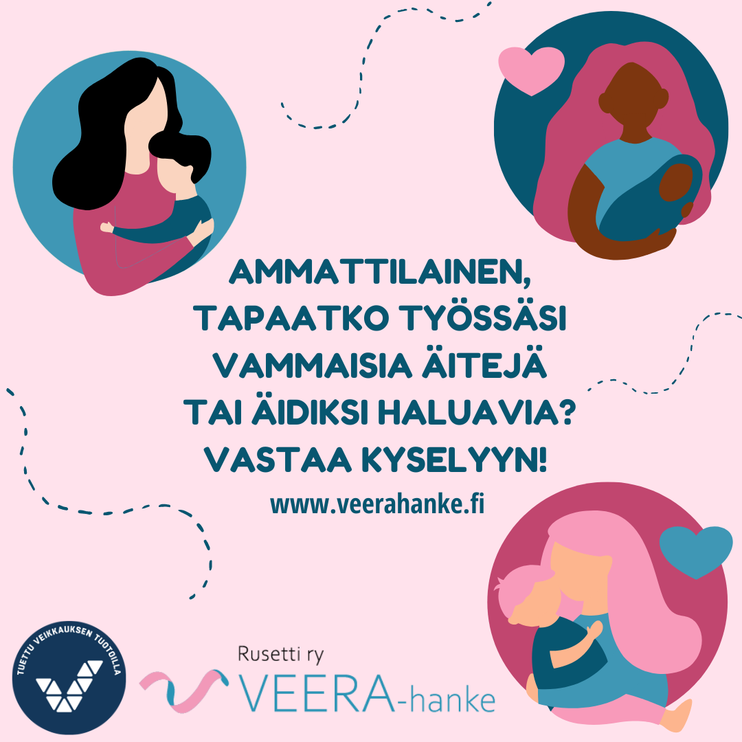 Piirretty mainoskuva kyselystä, kuvituskuvia äideistä vauvat sylissä