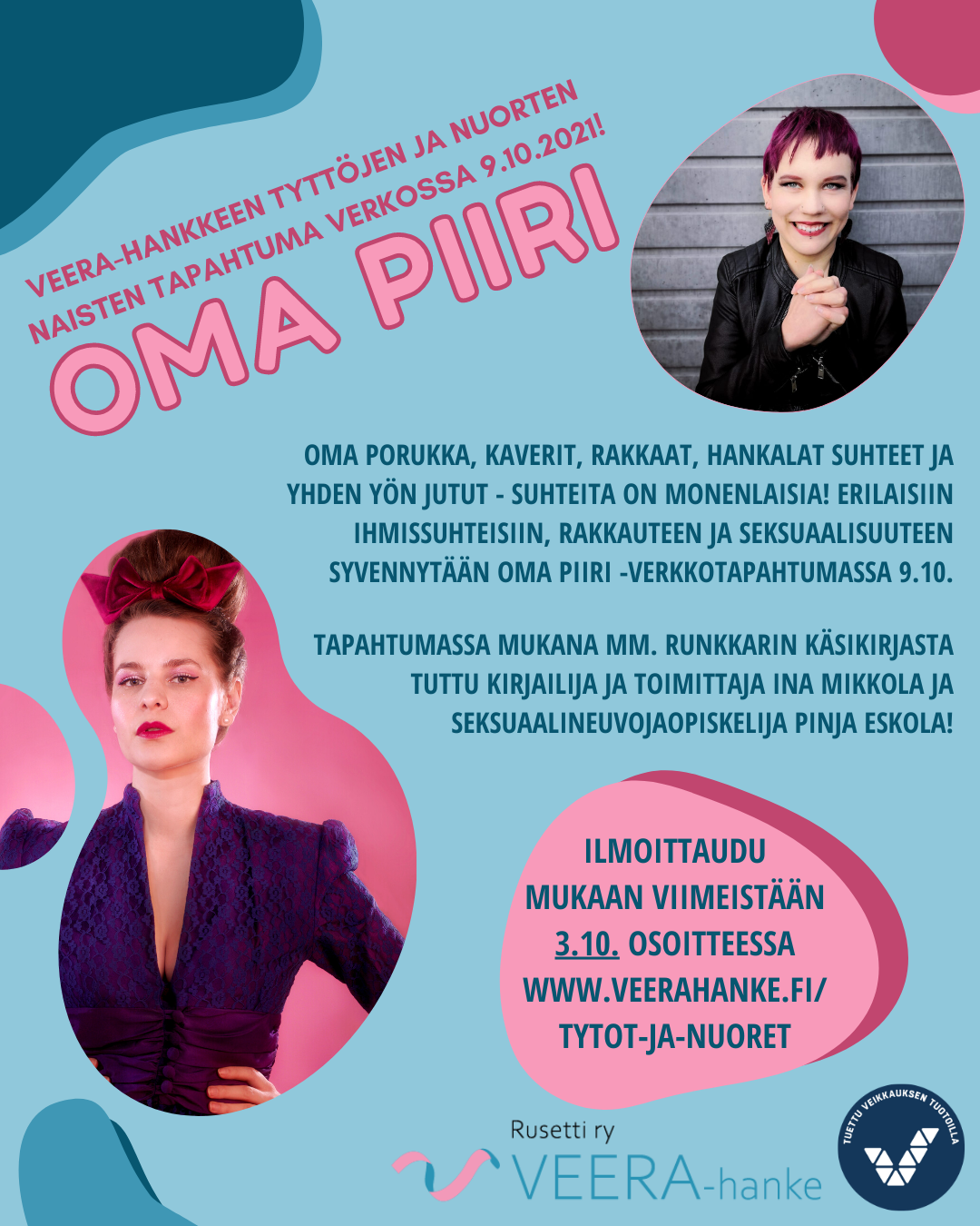 Nuorten kurssi3_mainos Värillinen mainoskuva tapahtumassa, jossa Iinan ja Pinjan valokuva.