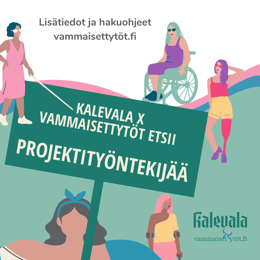 Kuvituskuva työhausta, piirrettyjä vammaisia tyttöjä