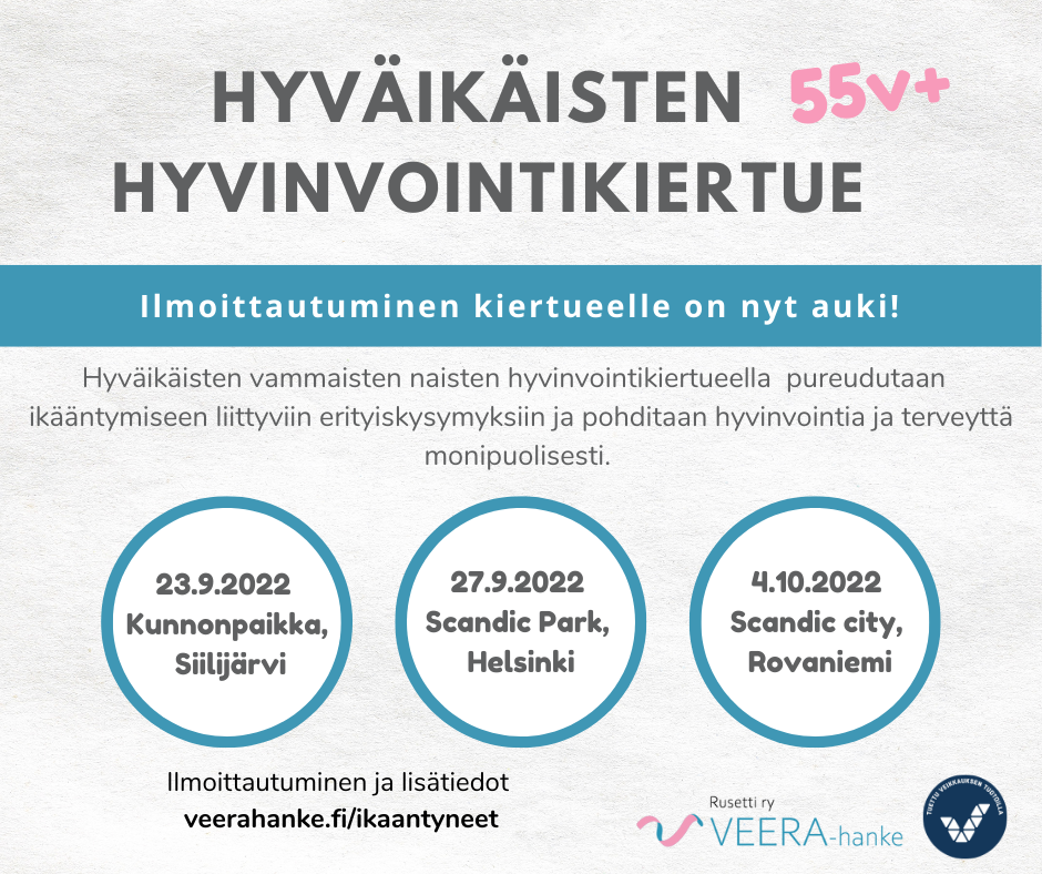 2022_ikaantyvat_hyvinvointikiertue (2) Hyväikäisten vammaisten naisten hyvinvointikiertueen mainos, sisältää tekstiä, kuvituskuva