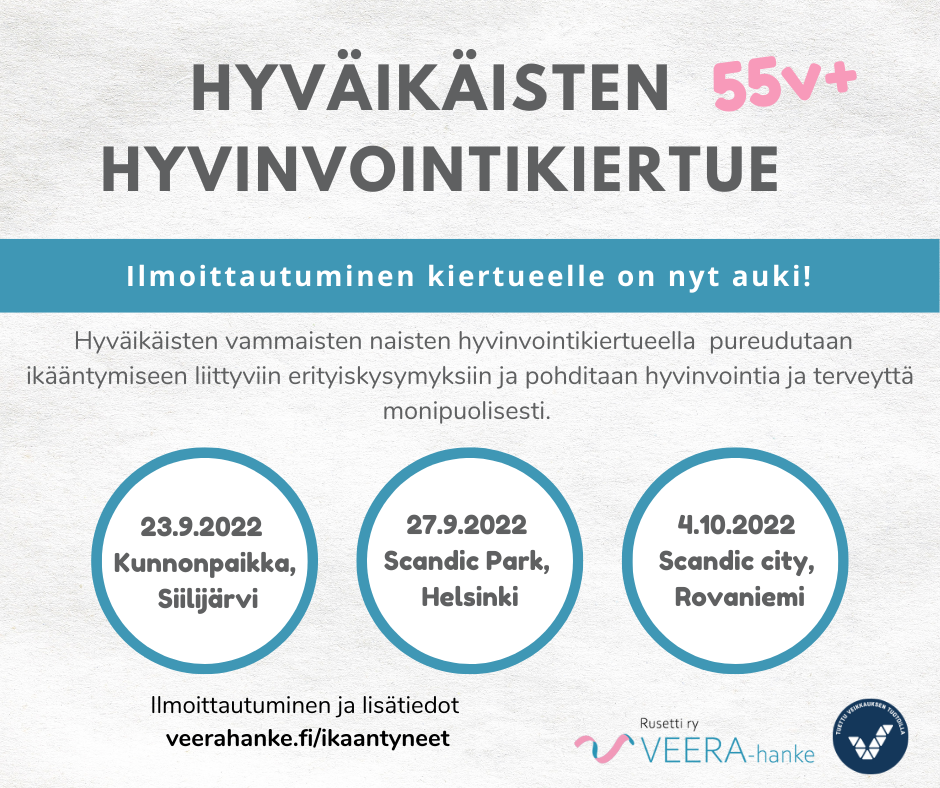 Hyväikäisten vammaisten naisten hyvinvointikiertueen mainos, sisältää tekstiä, kuvituskuva