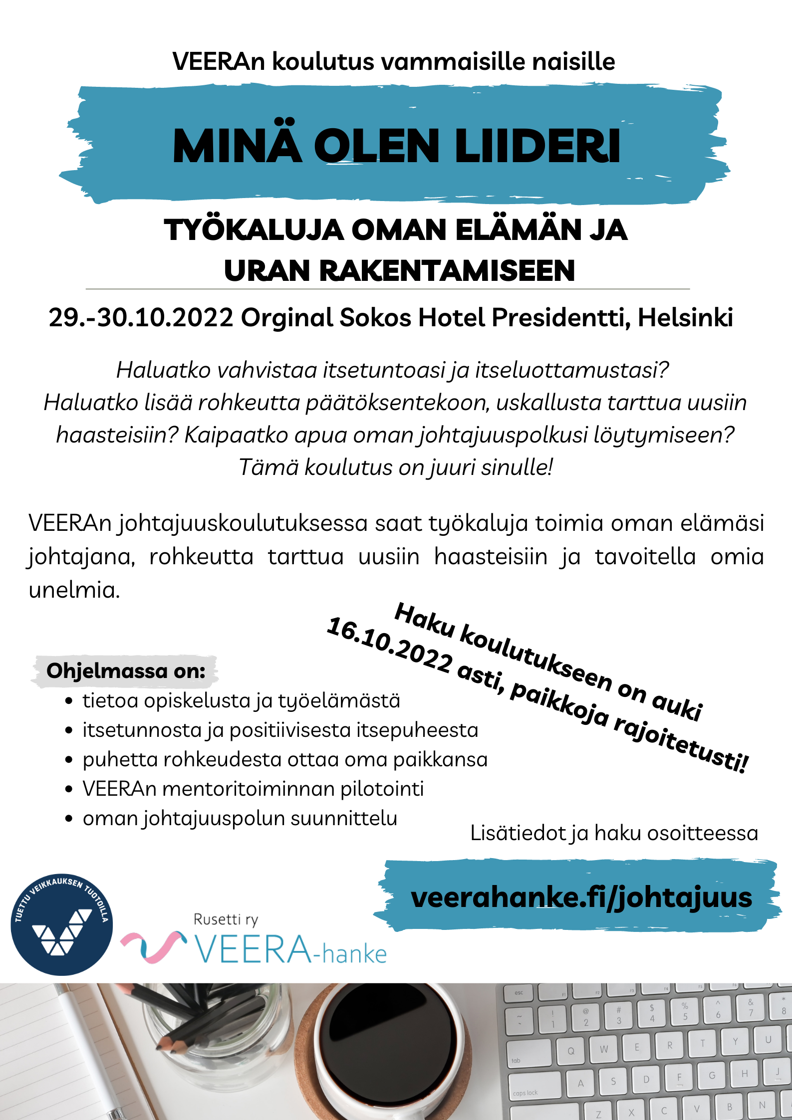 2022_minaolenliideri Mainoskuva koulutuksesta. Sisältää tekstiä koulutuksen sisällöstä ja veeran logot.