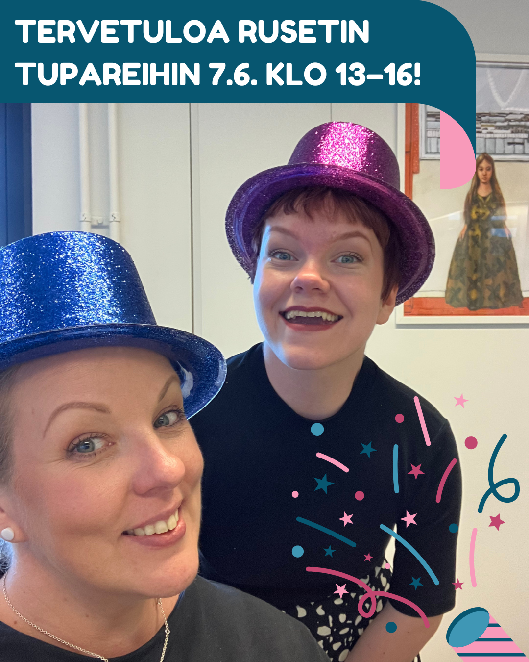 Selfiekuva Annista ja Jaanasta glitteriset juhlahatut päässä.