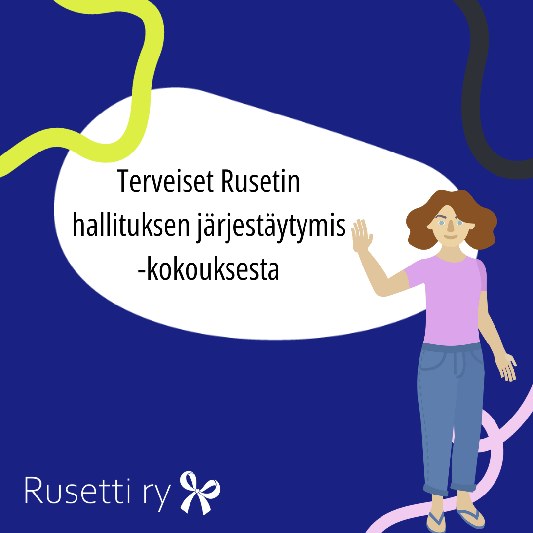 2025_terveiset_hallitukselta Kuvitus kuva, sisältää tummansinistä väriä ja piirroshahmon joka heiluttaa kättä tervehdykseksi.