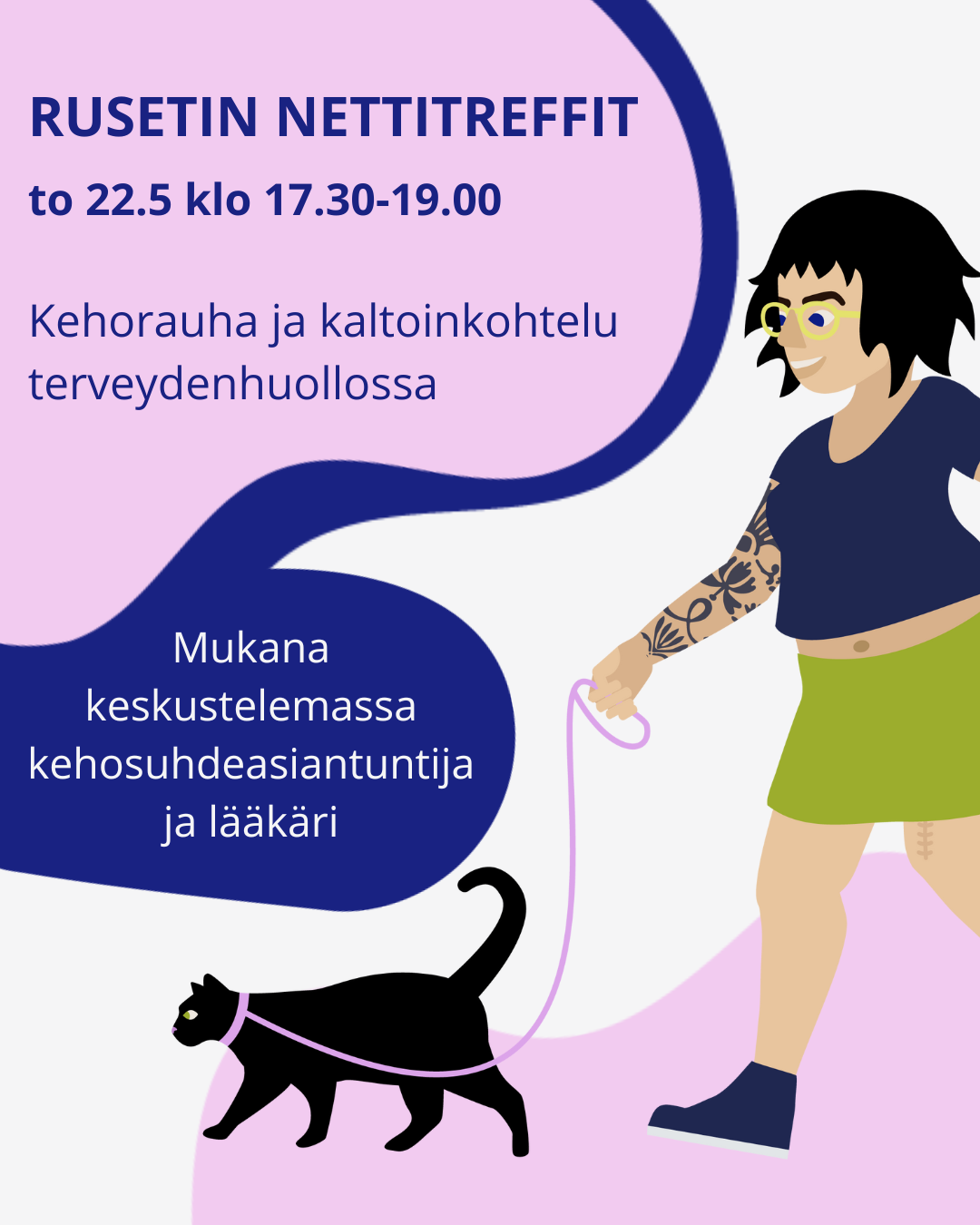 Mainoskuva Rusetin nettitreffeistä, piirroskuvassa kissaa taluttava lyhytkasvuinen nainen. 