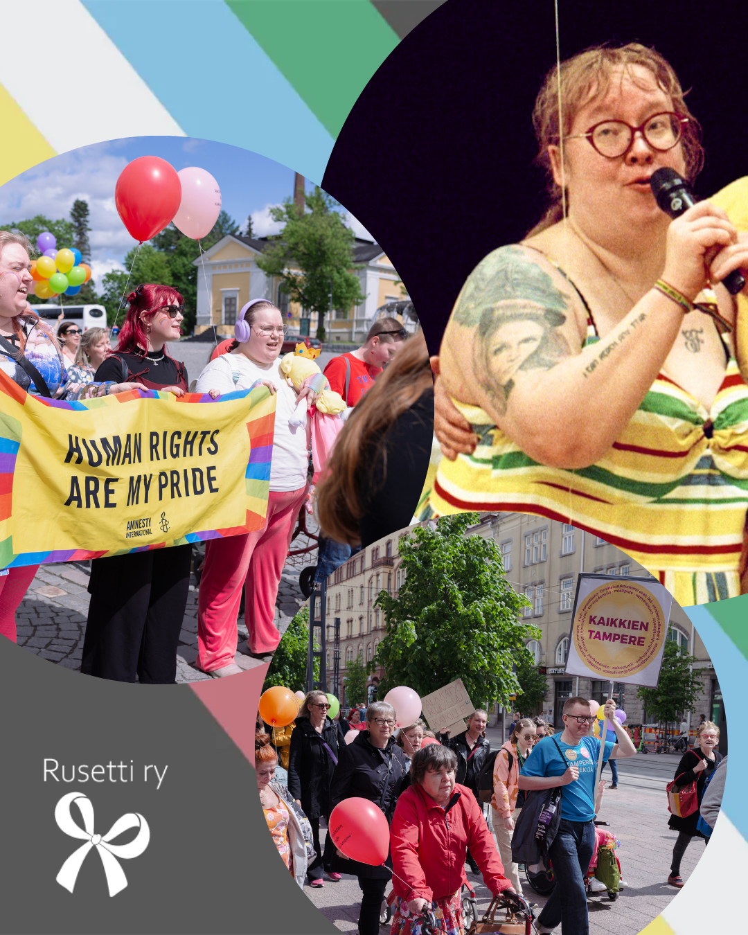 Kolme kuvaa, joista ensimmäisessä Suvi Kivinen puhuu, toisessa hän on marssilla kantamassa banderollia ja kolmannessa on kuva vammaisten pride-marssijoista