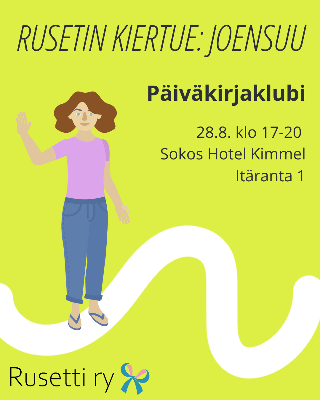Mainos Rusetin kiertueesta Joensuussa, piirrokuvassa heiluttava vammainen nainen
