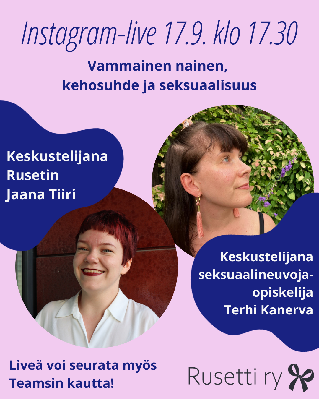 IGliven mainoskuva. Kuvassa kasvovalokuva Jaanasta punaisessa tukassa ja Terhistä tummassa tukassa.