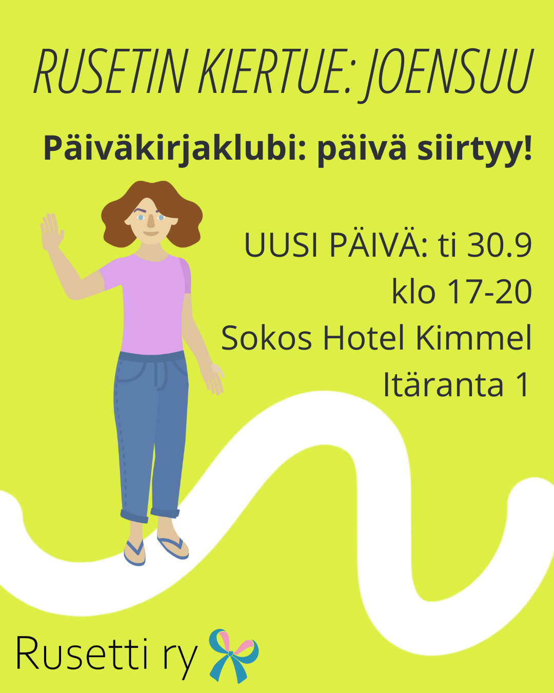 Mainos Rusetin kiertueesta Joensuussa, piirrokuvassa heiluttava vammainen nainen