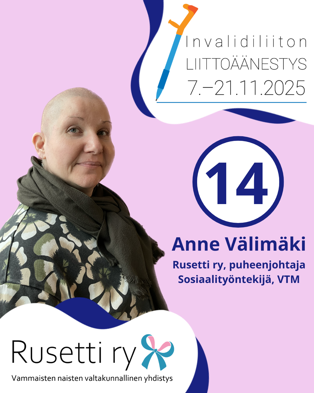 Annen vaalikuva, kasvokuva Annesta vihreässä kaulahuivissa ja äänestysnumero vieressä. Tausta on pinkki.