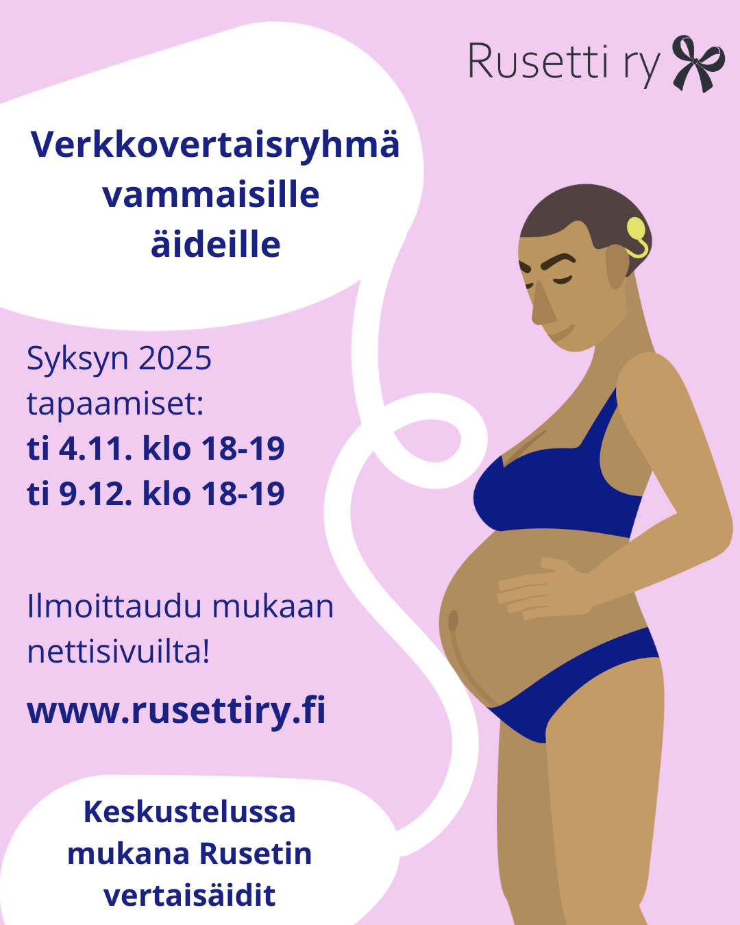 Verkkovertaisryhmän kuvituskuva, jossa Rusetin naishahmo, joka on raskaana ja hänellä on kuulokoje korvassa. 