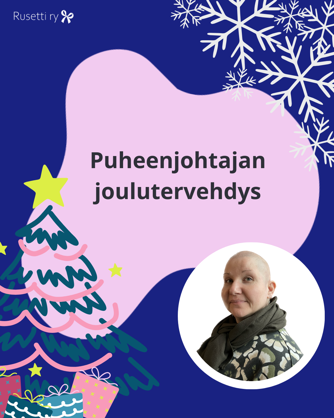 Kuvituskuva joulutervehdyksestä. Sisältää otsikon tekstin, piirroskuvan joulukuusesta ja lumihiutaleita. Mukana myös Annen kasvokuva.