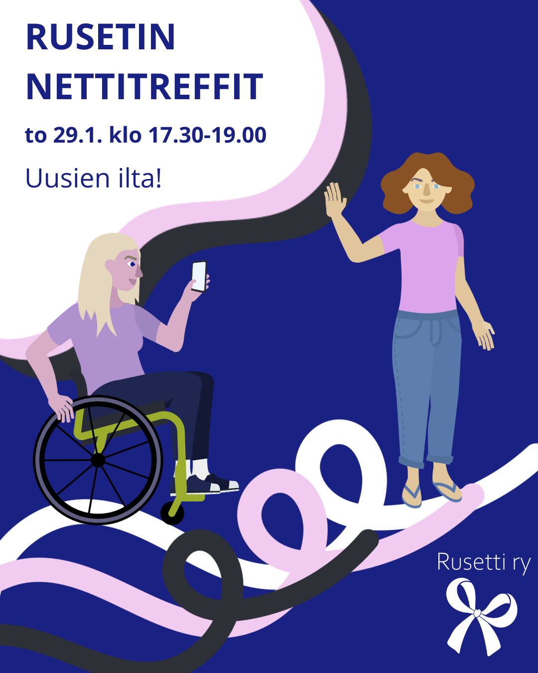 Mainos tammikuun nettitreffeistä, piirroskuvissa vammaisia naisia 