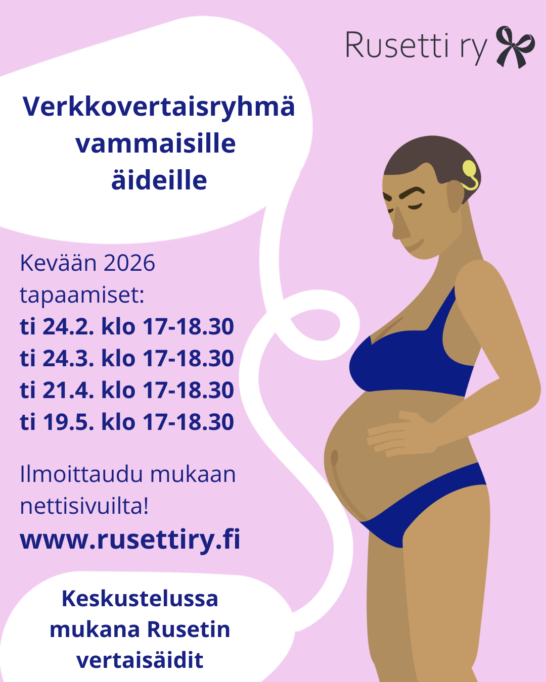 Kuvituskuva kevään ryhmästä, joka pitää sisällään päivämäärät sekä piirretyn raskaana  olevan vammaisen naisen hahmon, jolla päässä sisäkorvaistute.