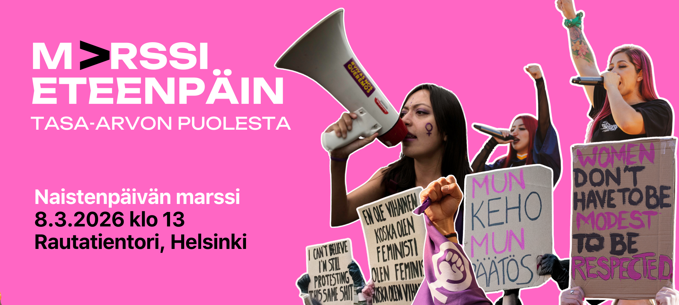 Marssin bannerikuva pinkillä taustalla sekä kuvassa mieltä osoittavia naisia kyltteineen.