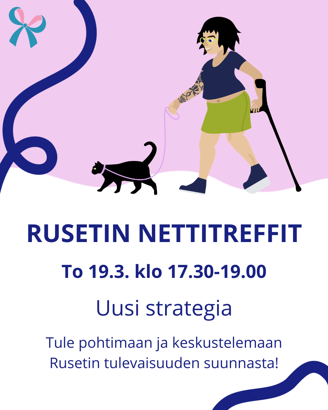 Mainoskuva Rusetin uuden strategian nettitreffeistä, piirroskuvassa lyhytkasvuinen nainen taluttaa kisaa.