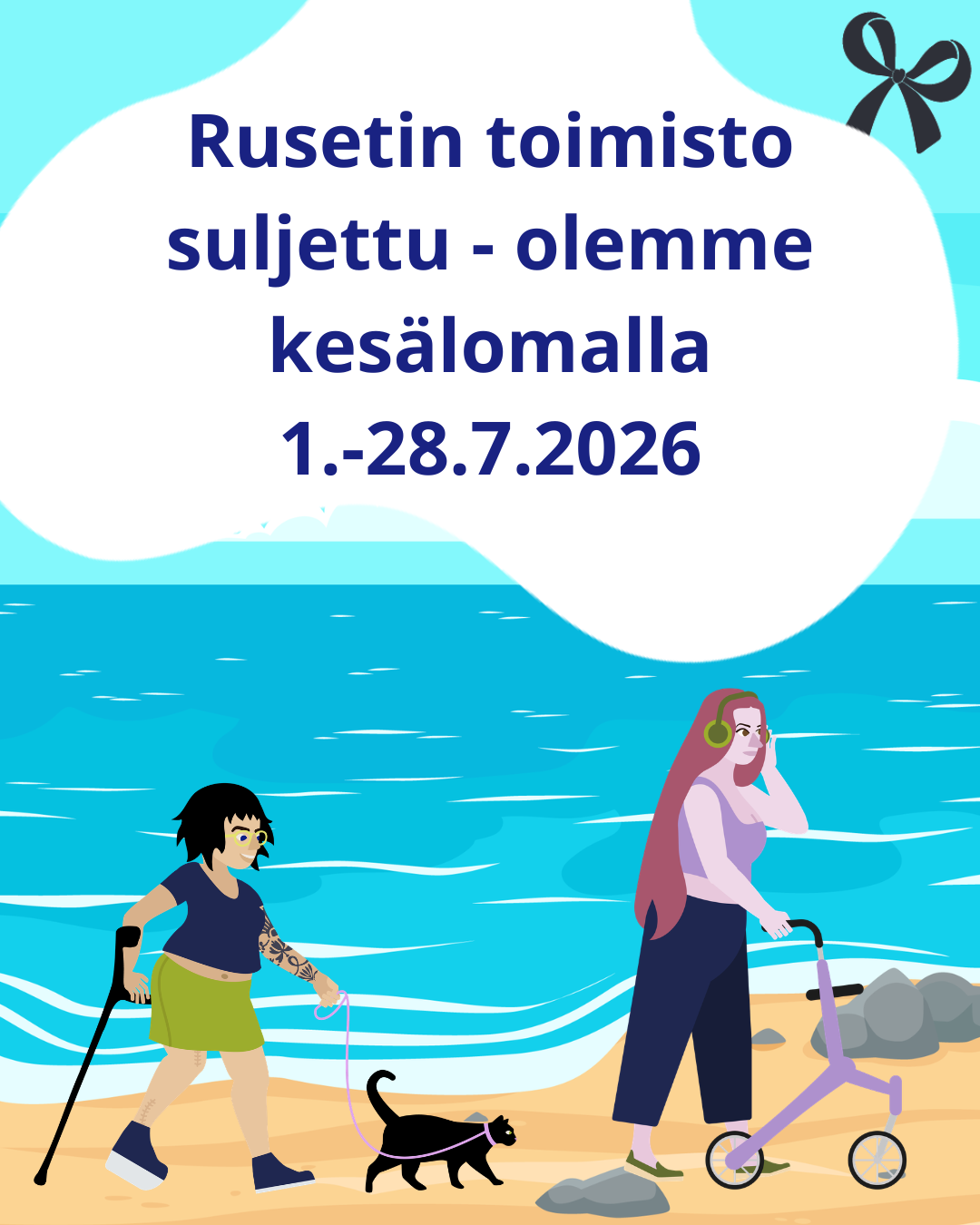 Kuvituskuva lomalla -ilmoituksesta. Kaksi apuvälineillä liikkuvaa piirroshahmoa menee rannalla. 