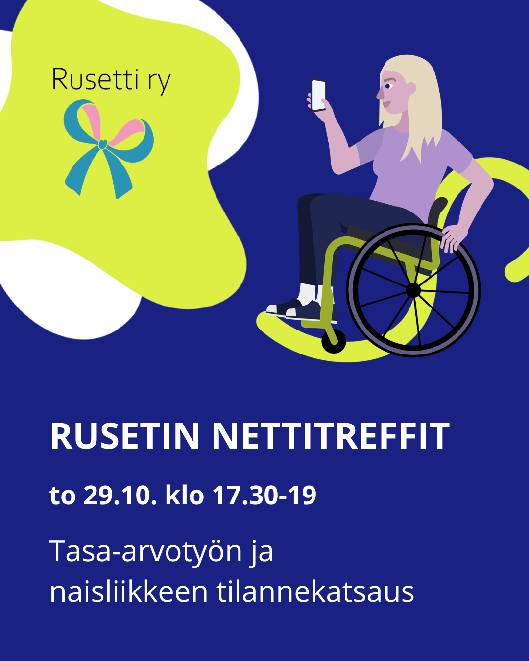 Mainoskuvassa nettitreffeistä pyörätuolia käyttävä nainen ottaa kuvaa puhelimella