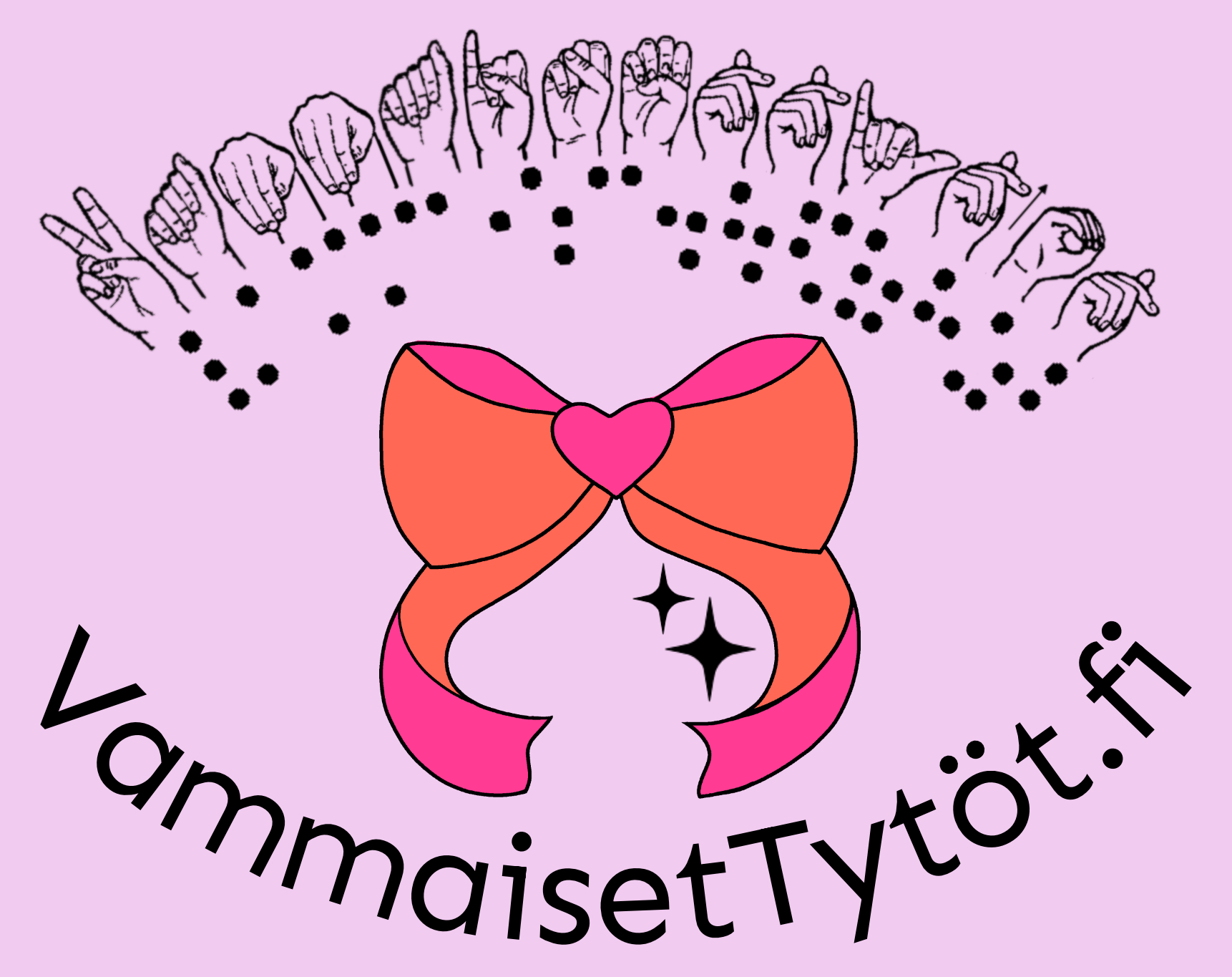 vammaisettytöt.fi logo jossa pinkkioranassi rusetti ja teksti vammaisettytöt.fi lukee kirjaimin sekä pistekirjoituksella ja viittomakielellä