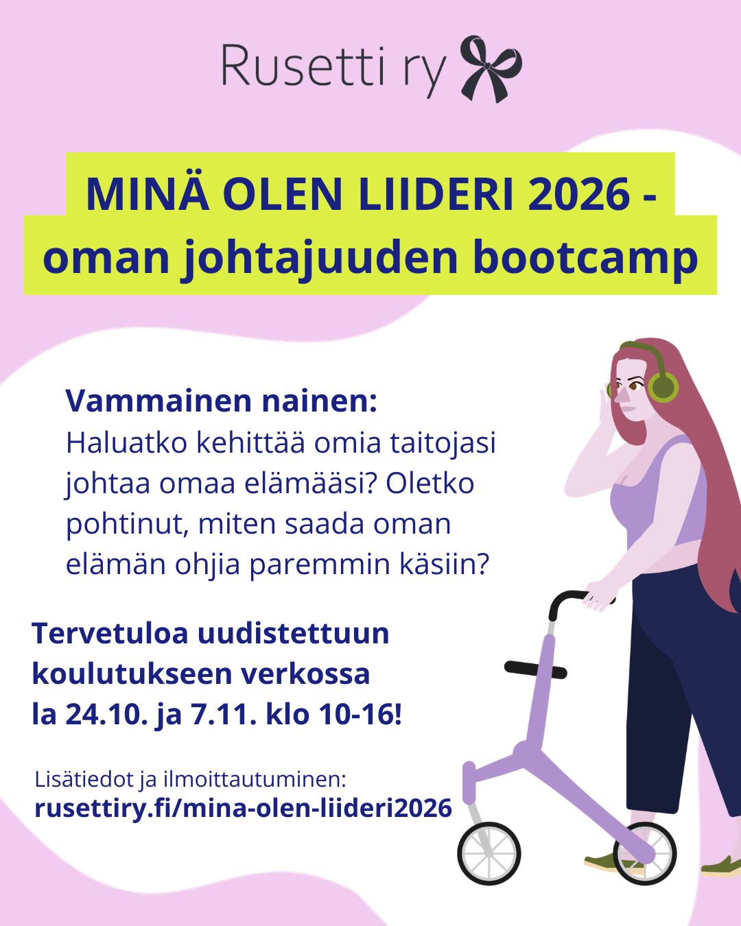 Kuvituskuva kurssista missä piirretty naishahmo rollaattorin kanssa vihreät kuulokkeet päässä.