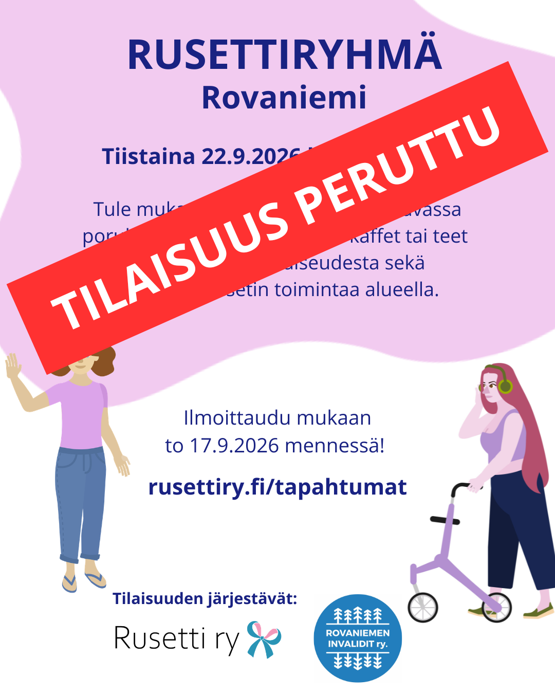 Kuvituskuva, jossa ilmoitettu, että tilaisuus peruttu